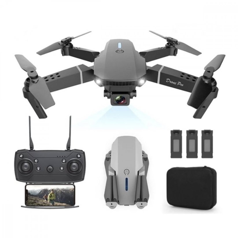 SET Dron E88 s Kamerou, Wifi, 3 Baterie - Černý
